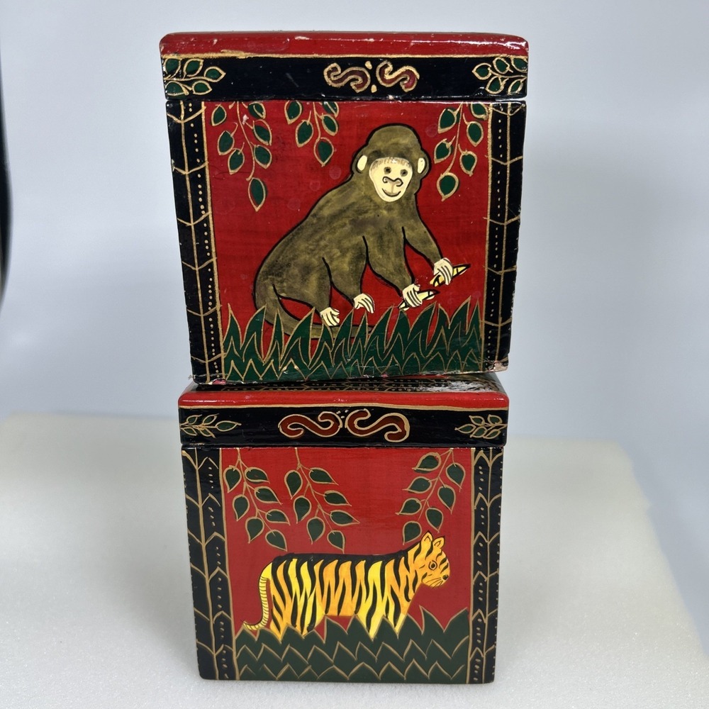 Vtg Foreside Company Hand Painted Ornaments with Boxes Monkey and Tiger Set of 2